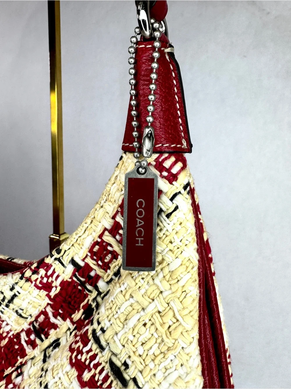 Coach Plaid Tweed Shoulder Hobo Bag Red Cream Leather Trim Style 8368